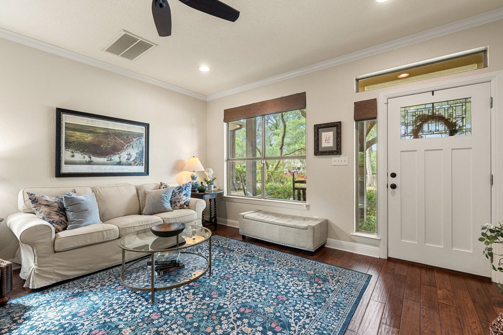6708 Menchaca Road, Unit 2 Austin, TX 78745 - Photo 4 of 30 Living area featuring wood-finish flooring, a ceiling fan, and recessed lighting