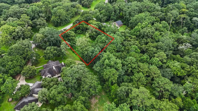 an aerial view of a forest with houses