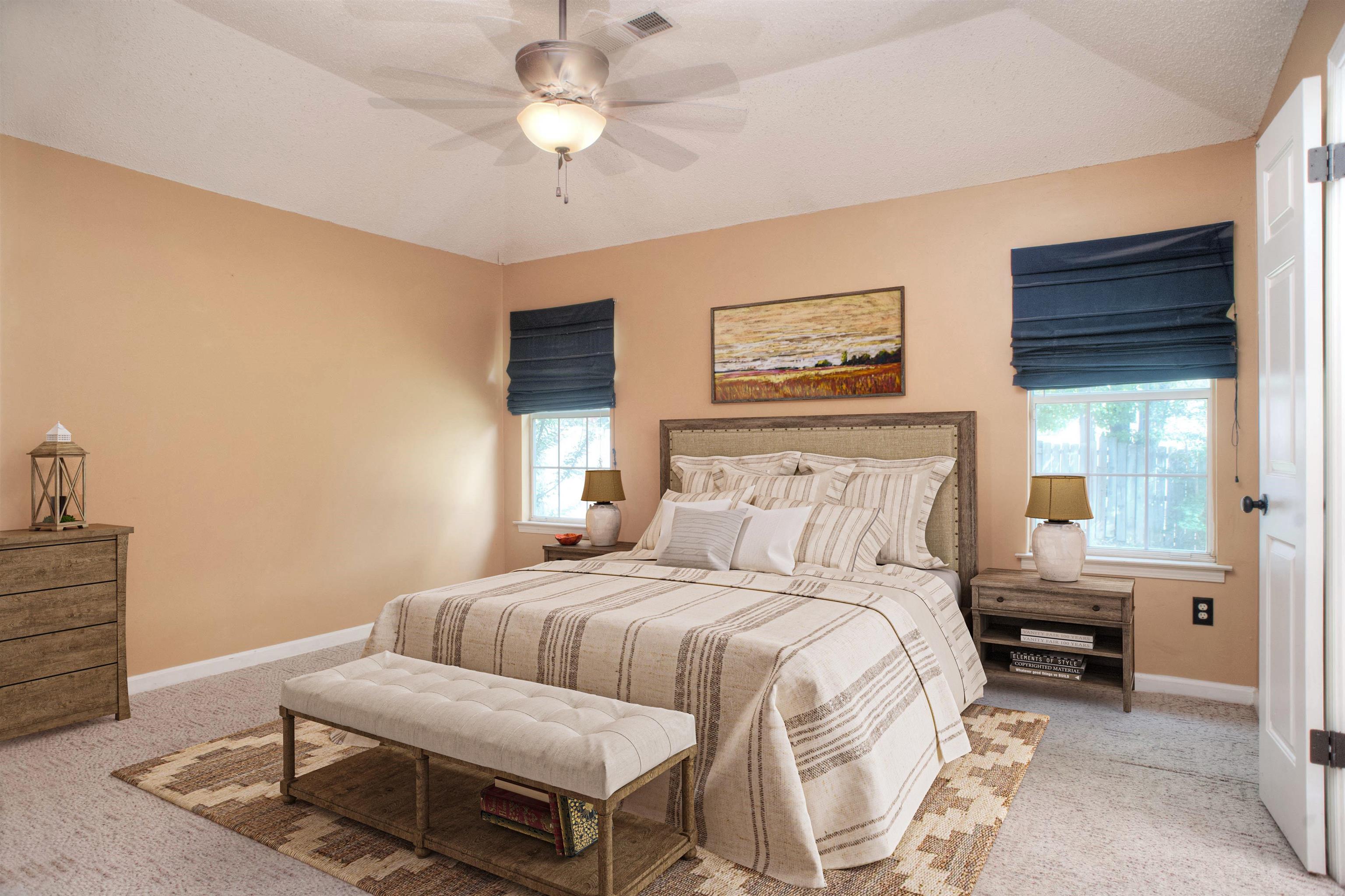 6652 Elmore Ridge Lane Memphis, TN 38134 - Photo 8 of 19 14x13 Primary Bedroom with Coffered Ceiling and Ceiling Fan plus Full Bath with Walk-In Closet. This photo has been virtually staged.