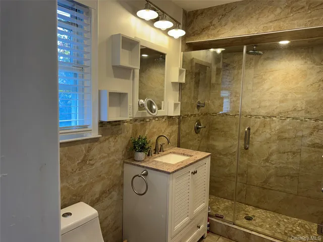 a bathroom with a granite countertop sink mirror and shower