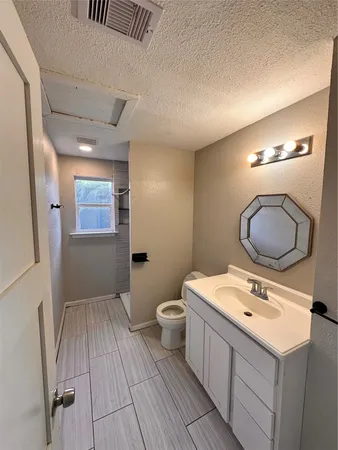 a bathroom with a sink mirror vanity and toilet