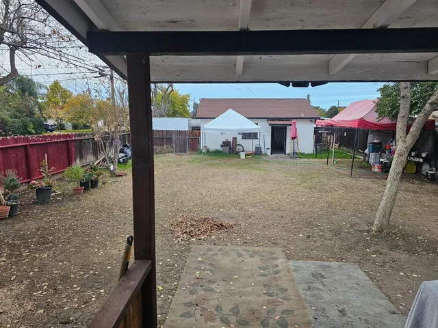 a view of a yard with plants and trees