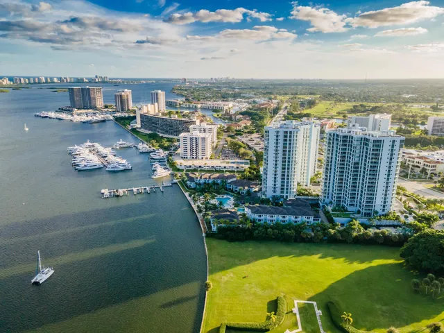 a view of a city with lawn chairs