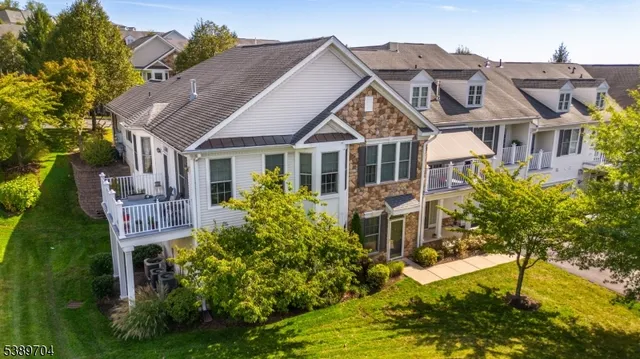 a aerial view of a house with a yard and potted plants