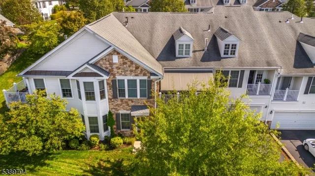 a aerial view of a house with a yard and potted plants