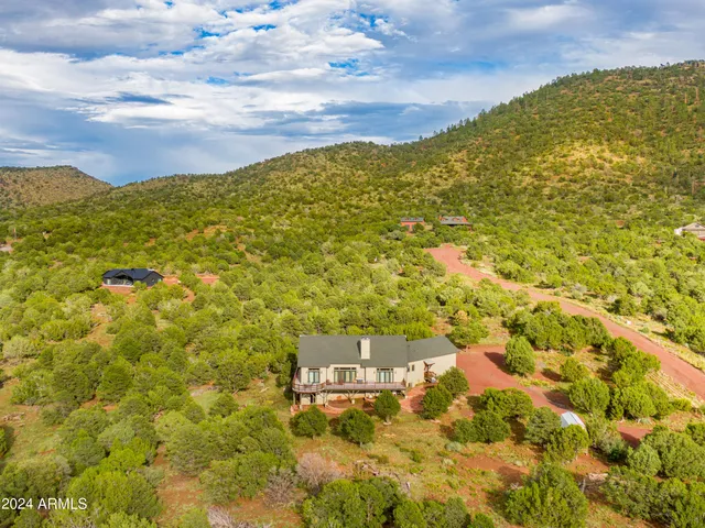 an aerial view of residential houses with outdoor space and trees