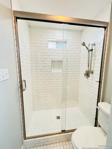 a bathroom with a shower and toilet