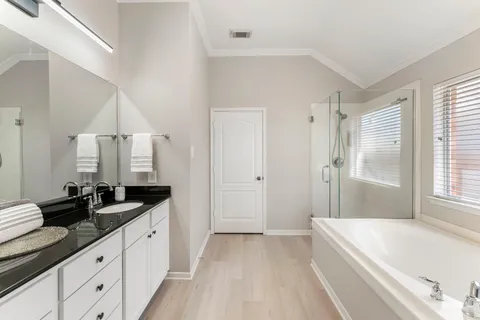 a spacious bathroom with a granite countertop tub sink and mirror