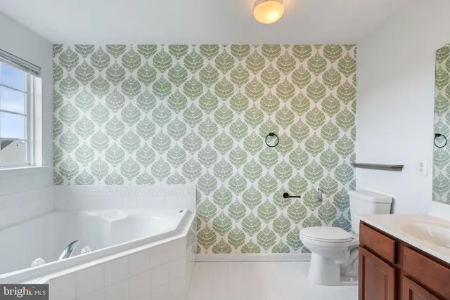 a bathroom with a bathtub and a toilet