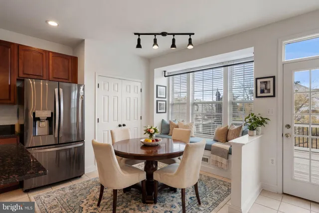 a view of a dining room with furniture window and outside view
