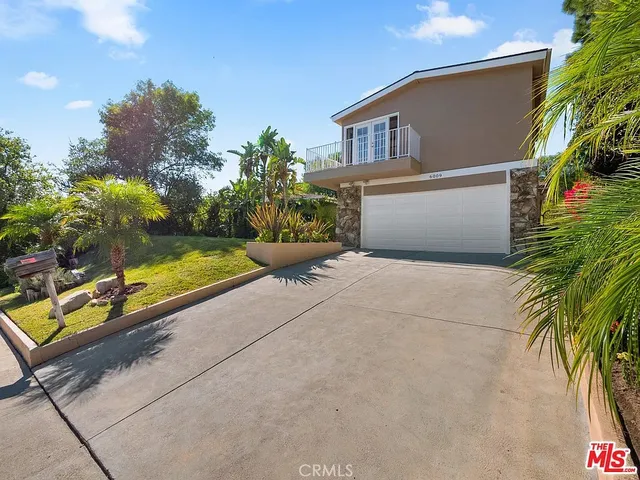 a view of backyard with large trees and plants