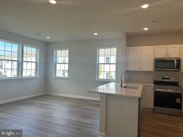 a kitchen with stainless steel appliances granite countertop a sink a stove a refrigerator cabinets and a wooden floor