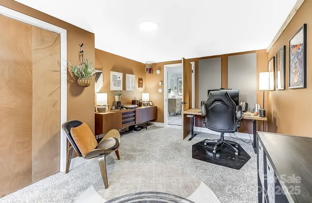 a living room with lots of furniture and a book shelf