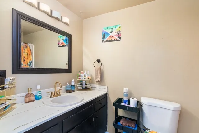 a bathroom with a sink vanity and a toilet