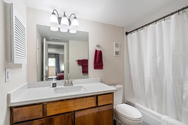 a bathroom with a sink a toilet and shower curtain