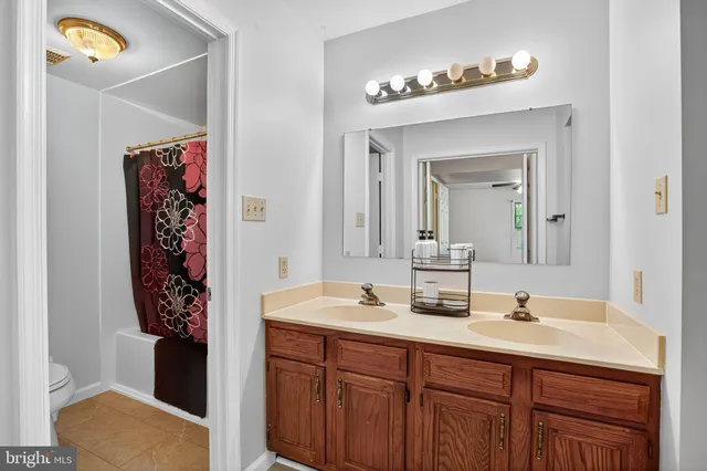 a bathroom with a sink vanity and a mirror