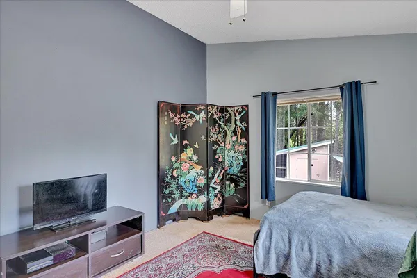 a bedroom with a bed and a television