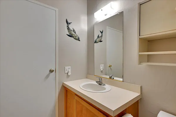 a bathroom with a sink and a mirror