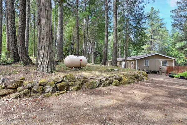 a view of a house with backyard and trees