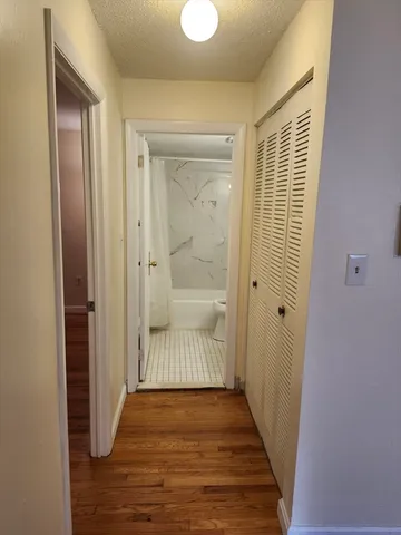 a view of a hallway with wooden floor and cabinet