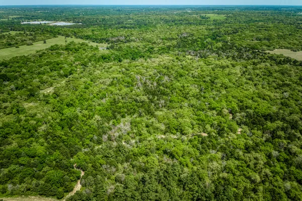 an aerial view of residential houses with outdoor space and trees