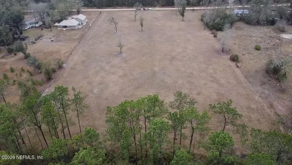 a view of a dry yard with trees