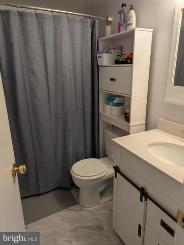 a bathroom with a sink a toilet and shower curtain