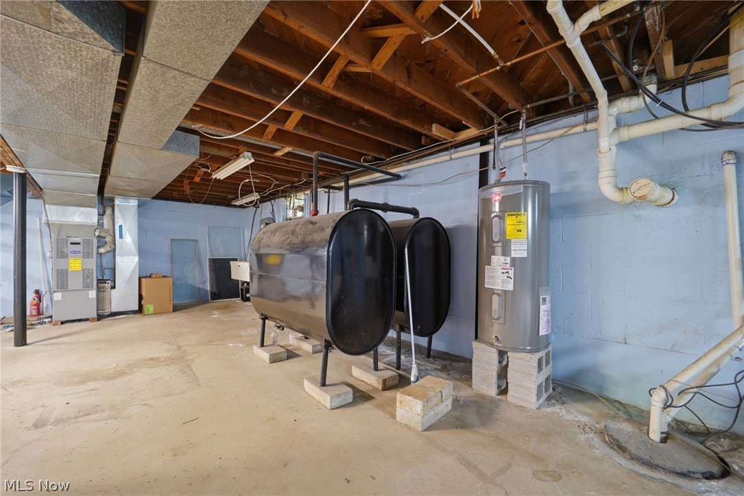 14557 Ellsworth Road Berlin Center, OH 44401 - Photo 20 of 23 Unfinished basement featuring heating fuel, electric water heater, and heating unit