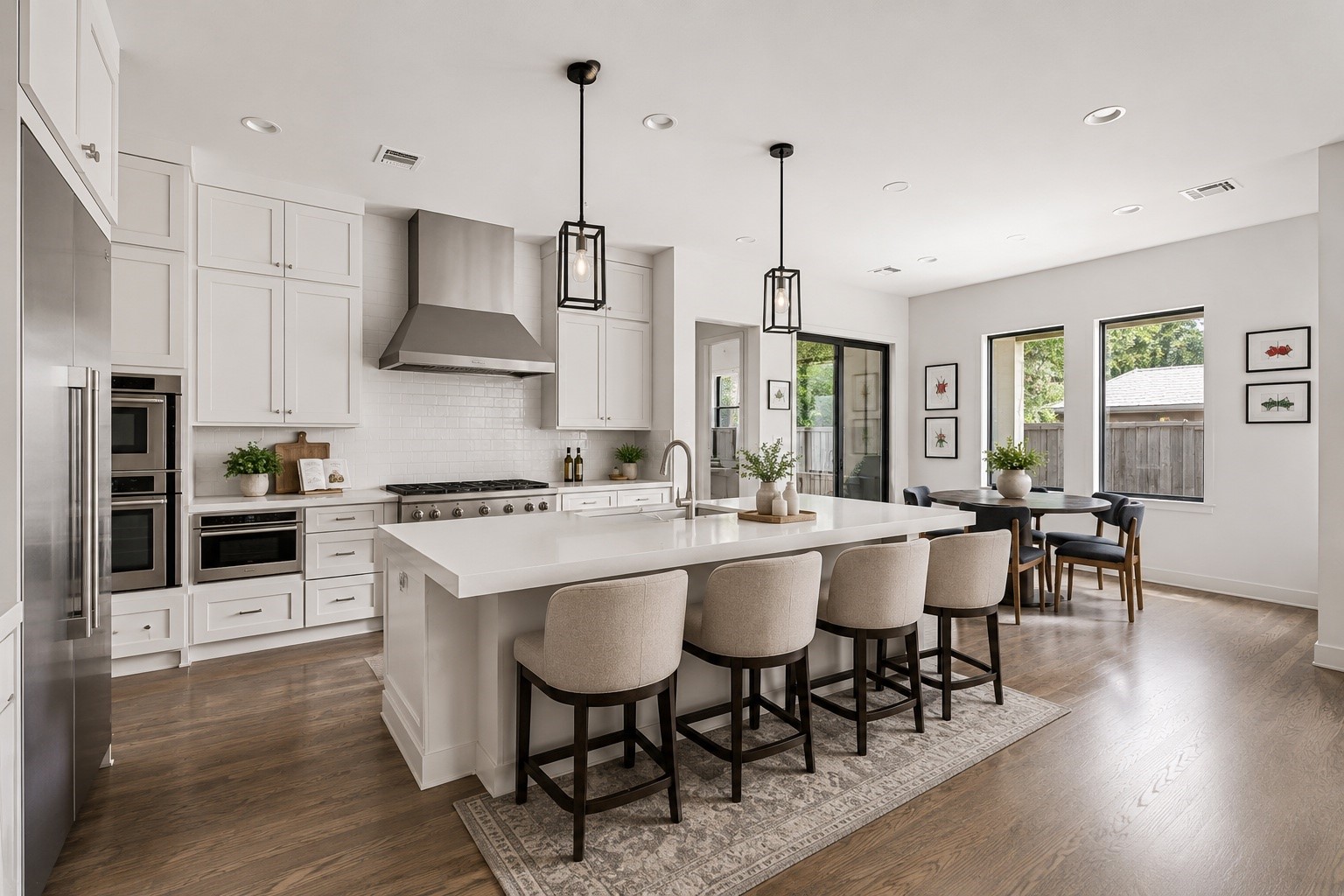 4638 Merwin Street Houston, TX 77027 - Photo 8 of 42 Designed for both style and function, the gourmet kitchen features premium Thermador appliances, double ovens & a gas cooktop. An oversized island serves as the centerpiece, complemented by mitered edge quartz countertops and breakfast bar seating.