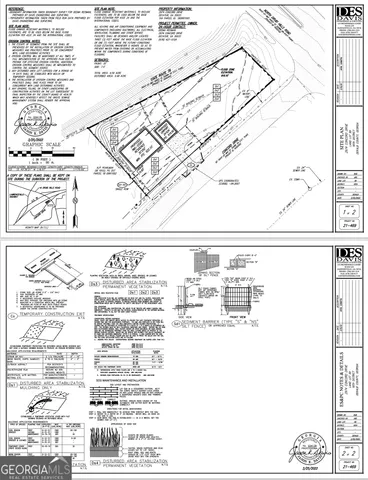 a view of a yard with plants and large trees