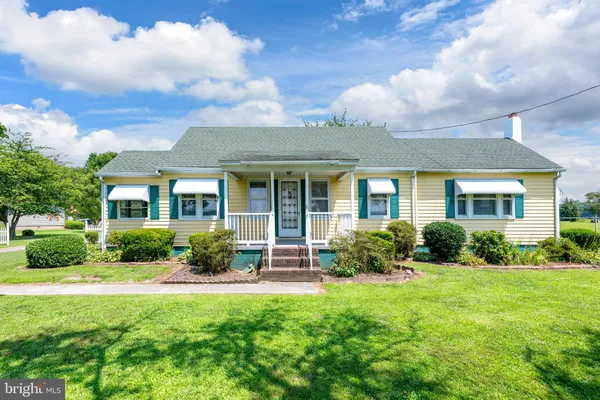 a front view of a house with yard and green space