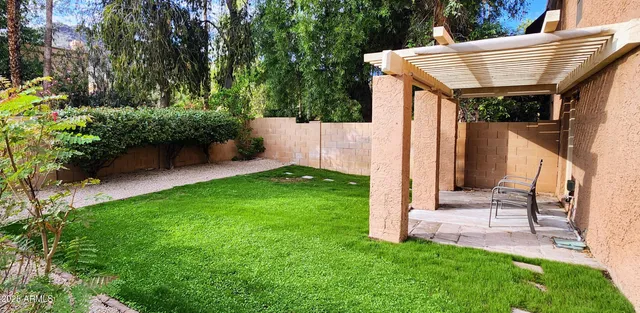 a view of a backyard with plants and a patio