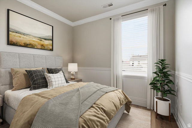 4496 West 11800 South South Jordan, UT 84009 - Photo 24 of 33 Bedroom with wood finished floors, ornamental molding, and a wainscoted wall