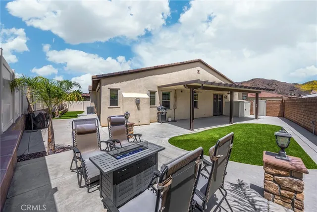 a view of outdoor space with signage and flags