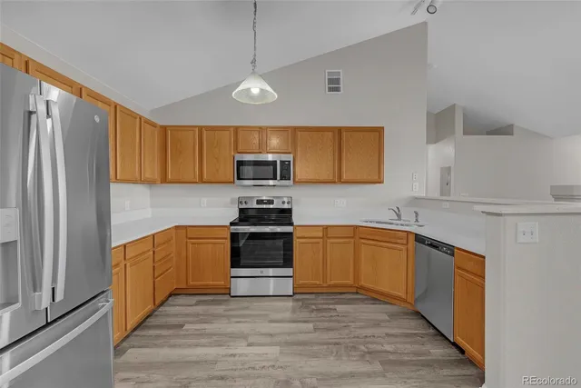 a kitchen with stainless steel appliances granite countertop a refrigerator a stove top oven a sink and dishwasher