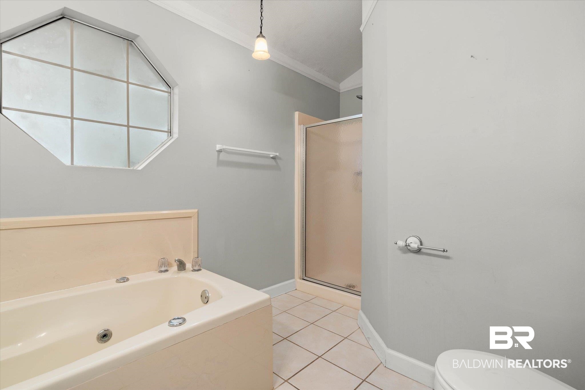 6632 Autumn Ridge Drive Mobile, AL 36695 - Photo 13 of 22 Bathroom featuring ornamental molding, a shower stall, a bath, and tile patterned floors