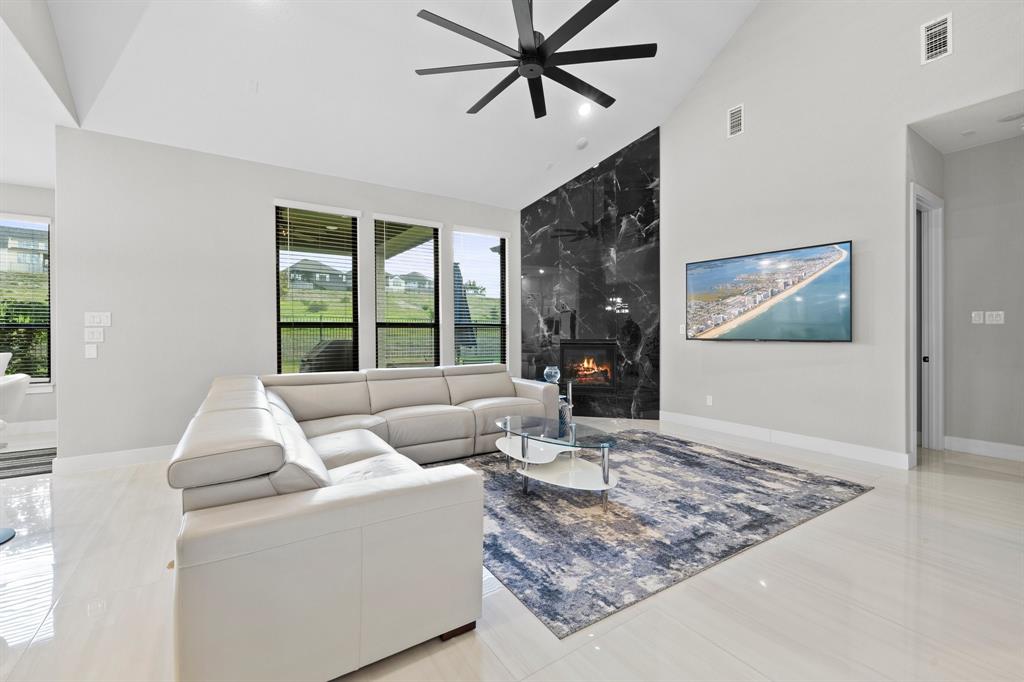 1008 Willie Rnch Way Leander, TX 78641 - Photo 11 of 40 Living room with lofted ceiling, a premium fireplace, and ceiling fan