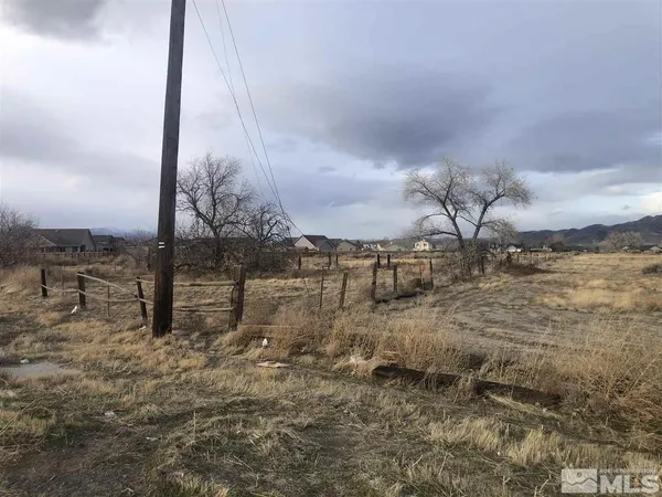 a view of a dry yard with wooden fence