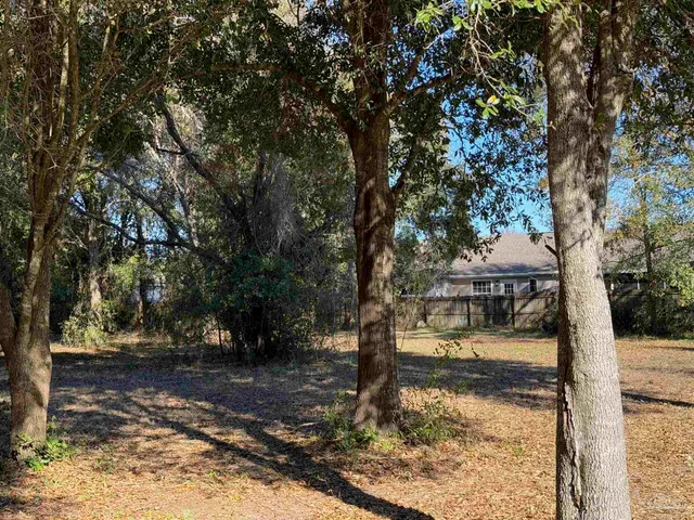 a view of a yard with wooden fence