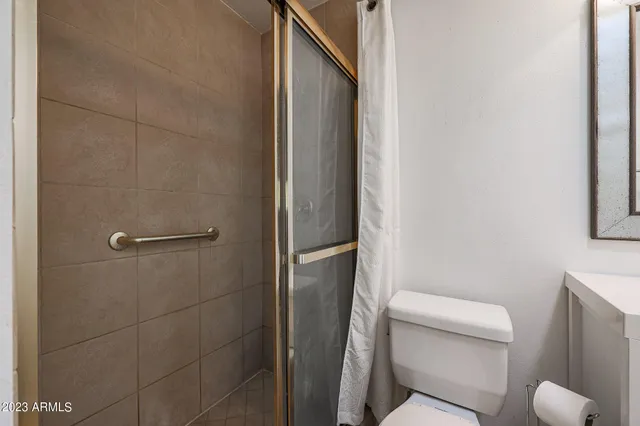 a bathroom with a toilet and a shower