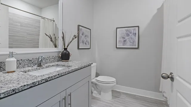 a bathroom with a granite countertop sink toilet and a mirror
