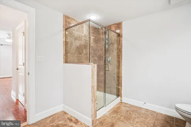 a bathroom with a shower and a toilet