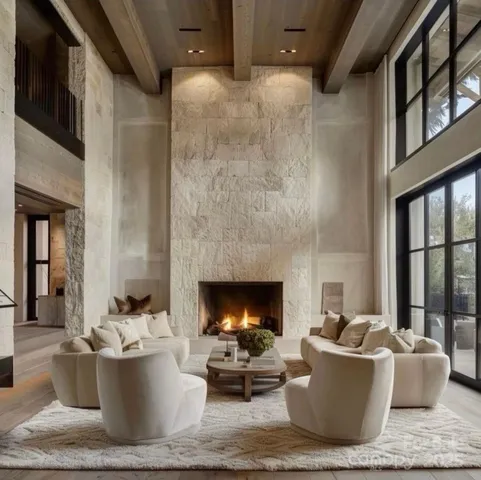 a bedroom with furniture and a large window