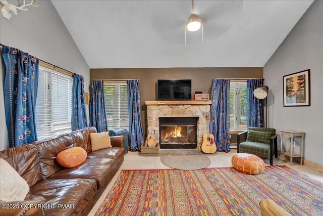 a living room with furniture and a fireplace