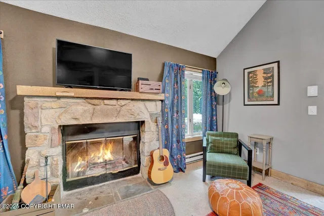 a living room with furniture and a fireplace
