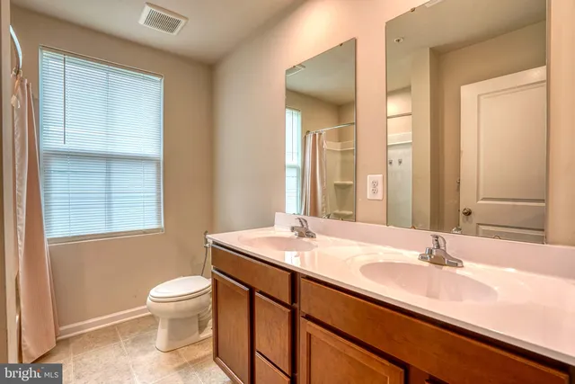 a bathroom with a double vanity sink toilet and a mirror
