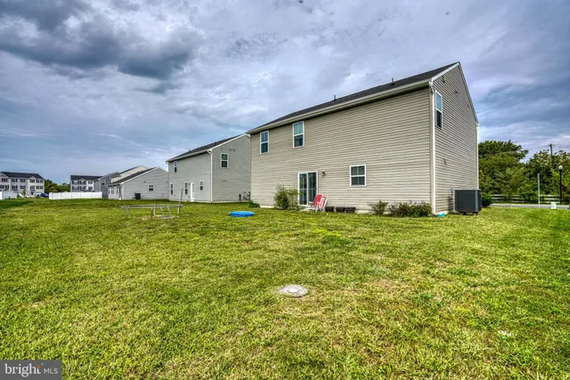 a backyard of a house with plants and large trees