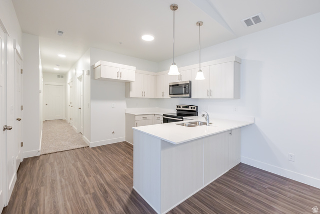 709 West 4500th South, Unit N301 Mapleton, UT 84664 - Photo 12 of 17 Kitchen with stainless steel appliances, a peninsula, pendant lighting, and dark wood-style flooring