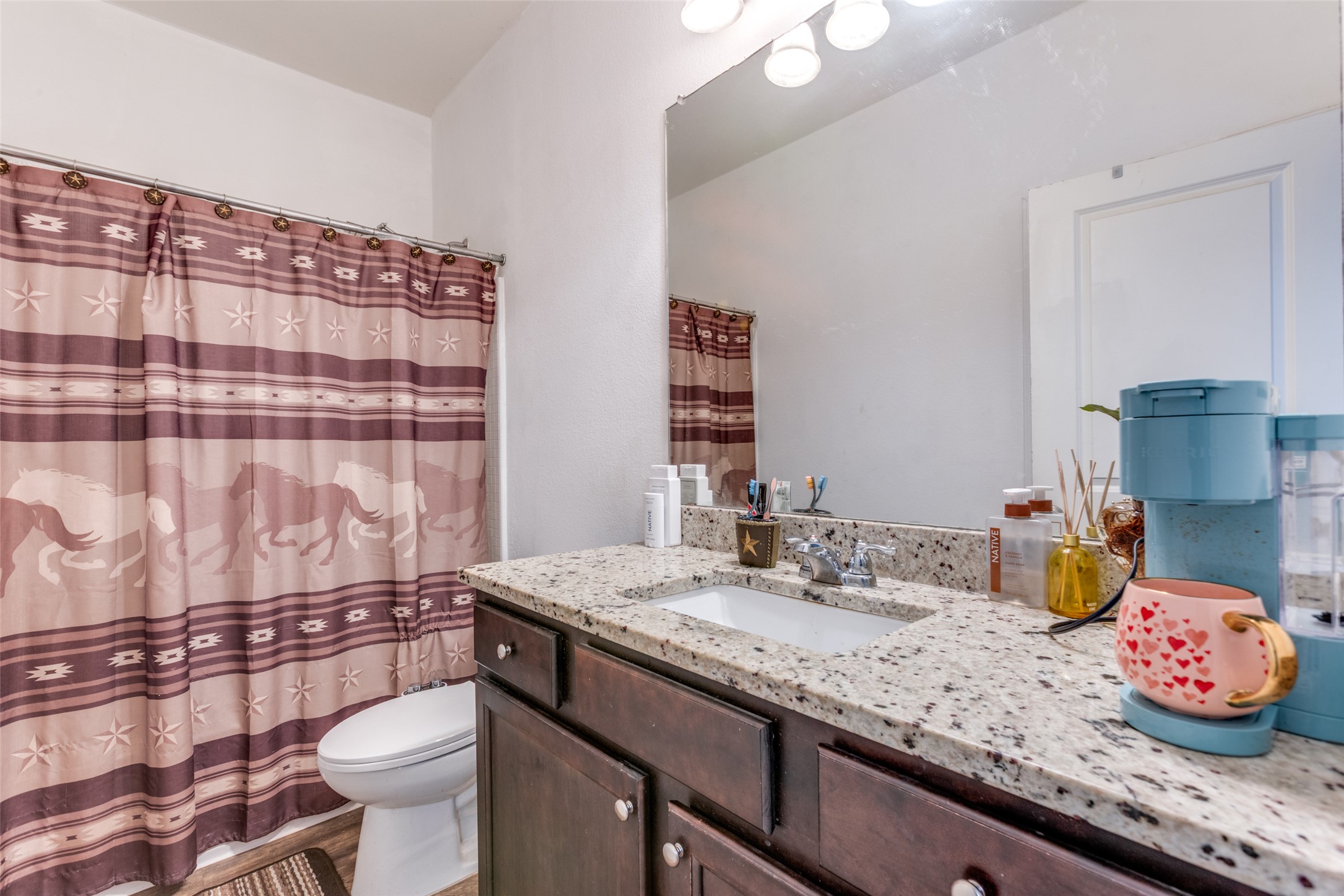 13909 Sherri Berry Way Manor, TX 78653 - Photo 12 of 28 Bathroom featuring a dark wood-finish vanity with a light speckled countertop, an undermount sink with a chrome faucet, and a large wall-mounted mirror