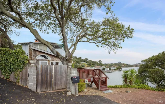 a view of a house with a yard and large tree